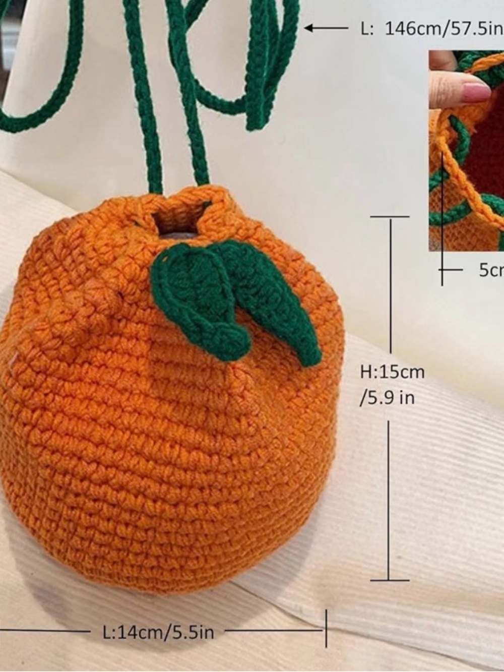 Novelty Handmade Orange Crochet Drawstring Crossbody Bag, Cute Kawaii bag